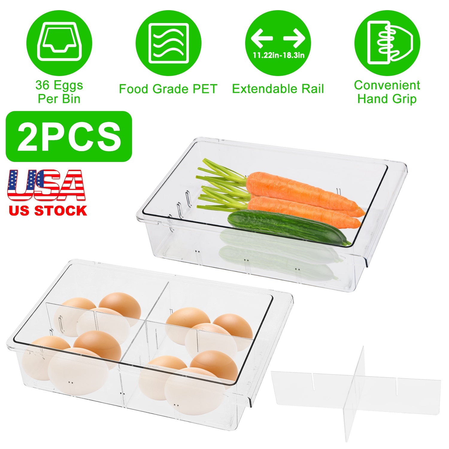 2Pcs Refrigerator Egg Drawer 36 Egg Capacity Snap On Hanging Storage Tray Space Saving Pull Out Egg Container Organizer 