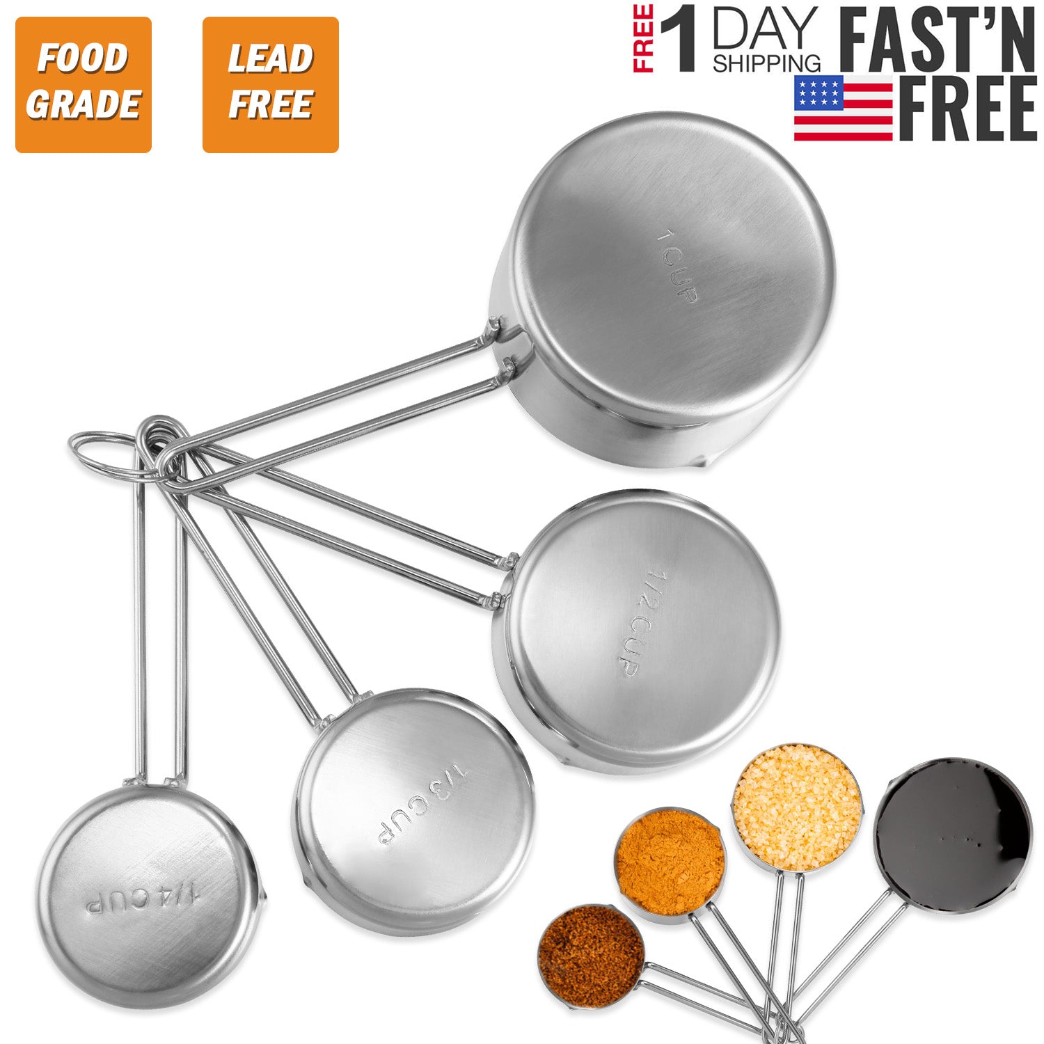 4Pcs Stainless Steel Measuring Cups Spoons Stackable Kitchen Measuring Set for Cooking, Baking, Liquid Dry Ingredients