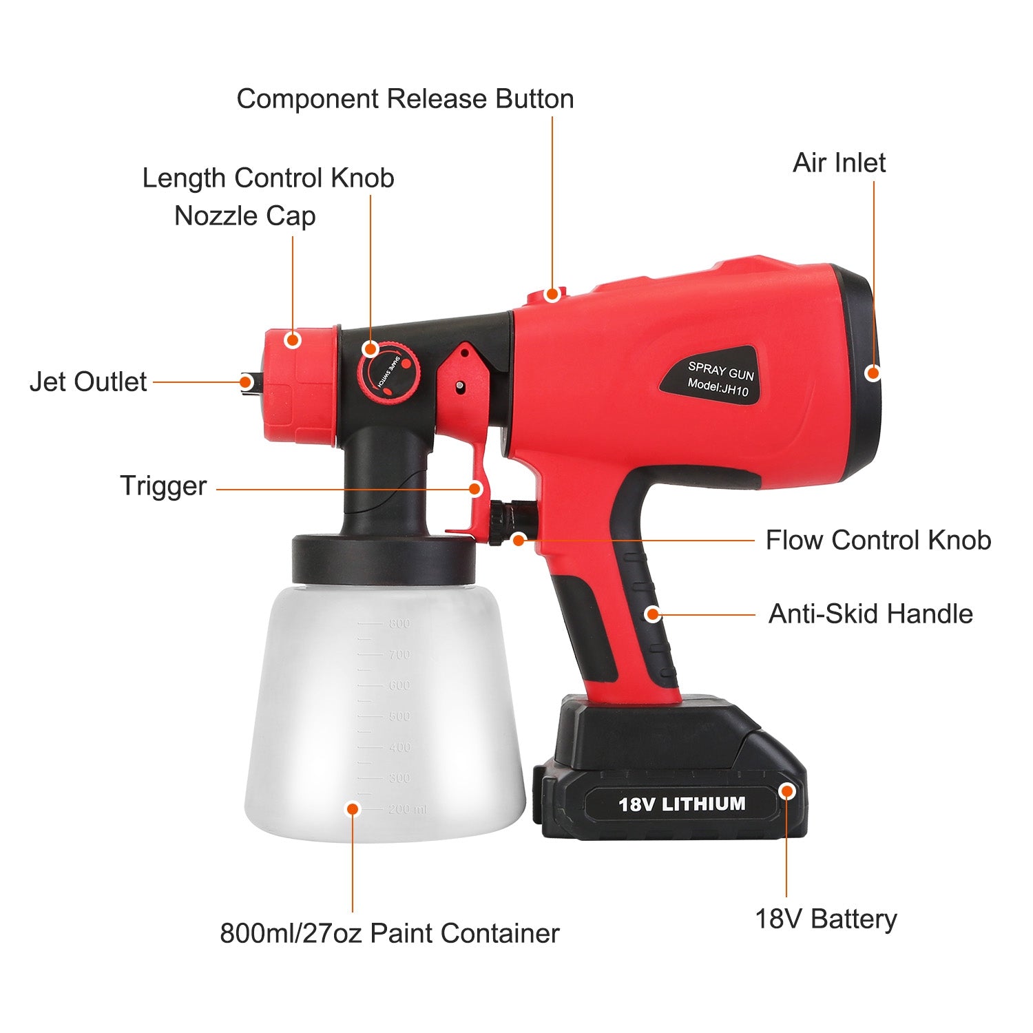 Portable Battery Powered Electric Paint Sprayer HVLP Spray Painting Gun Handheld Painter with 2 Spray Patterns 5 Nozzles 800ML Detachable Cup Flow Adj 