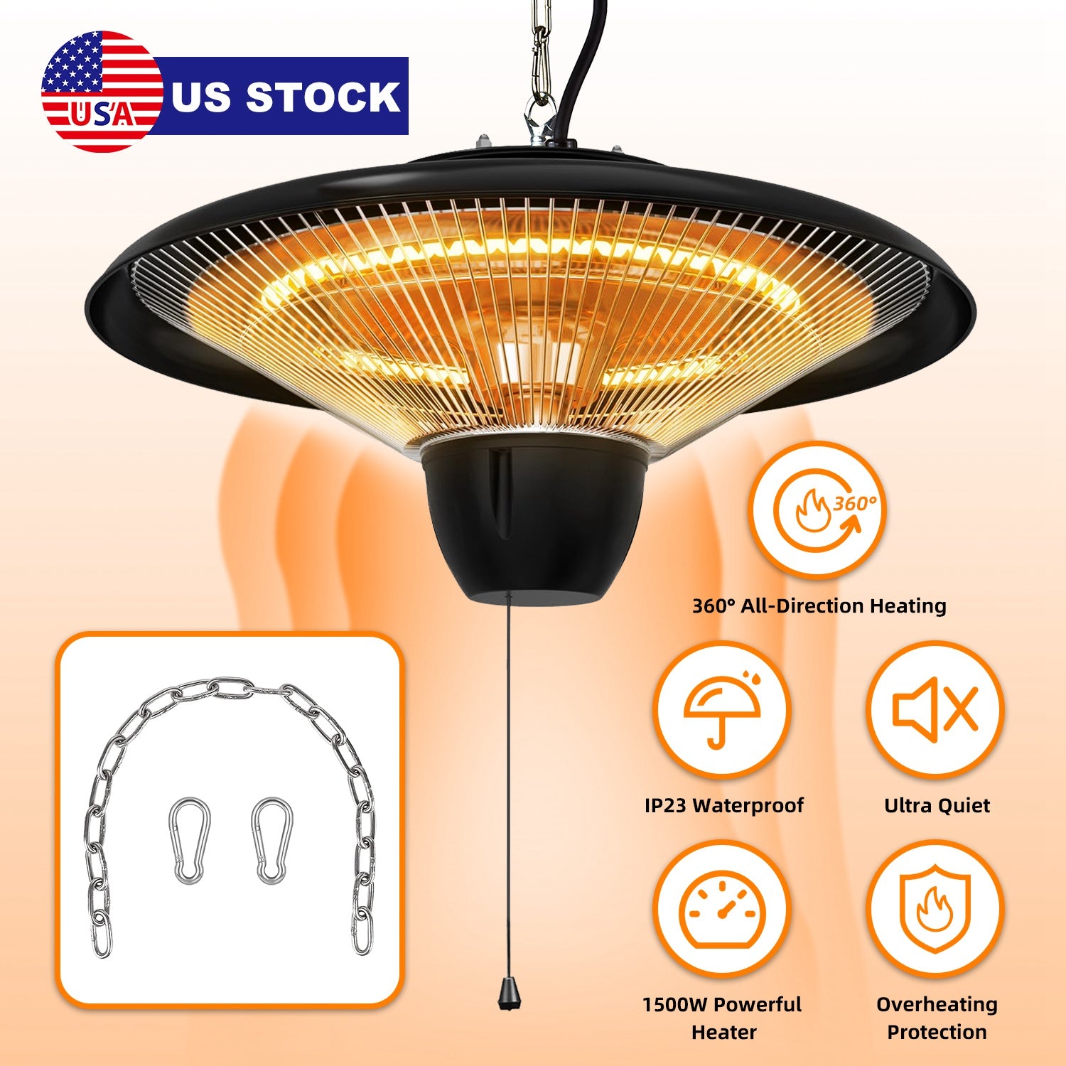 1500W Outdoor Hanging Patio Heater Ultra-Quiet Electric Heating Lamp IP23 Waterproof 2 Heating Levels Overheating Protection Ceiling Mounted Outdoor H