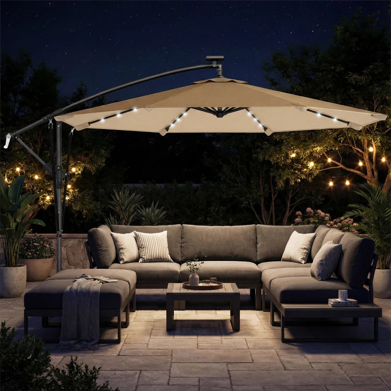 9.7ft Solar LED Cantilever Patio Umbrella with 32 LED Lights, Cross Base, Crank Handle, for Poolside, Deck, Khaki