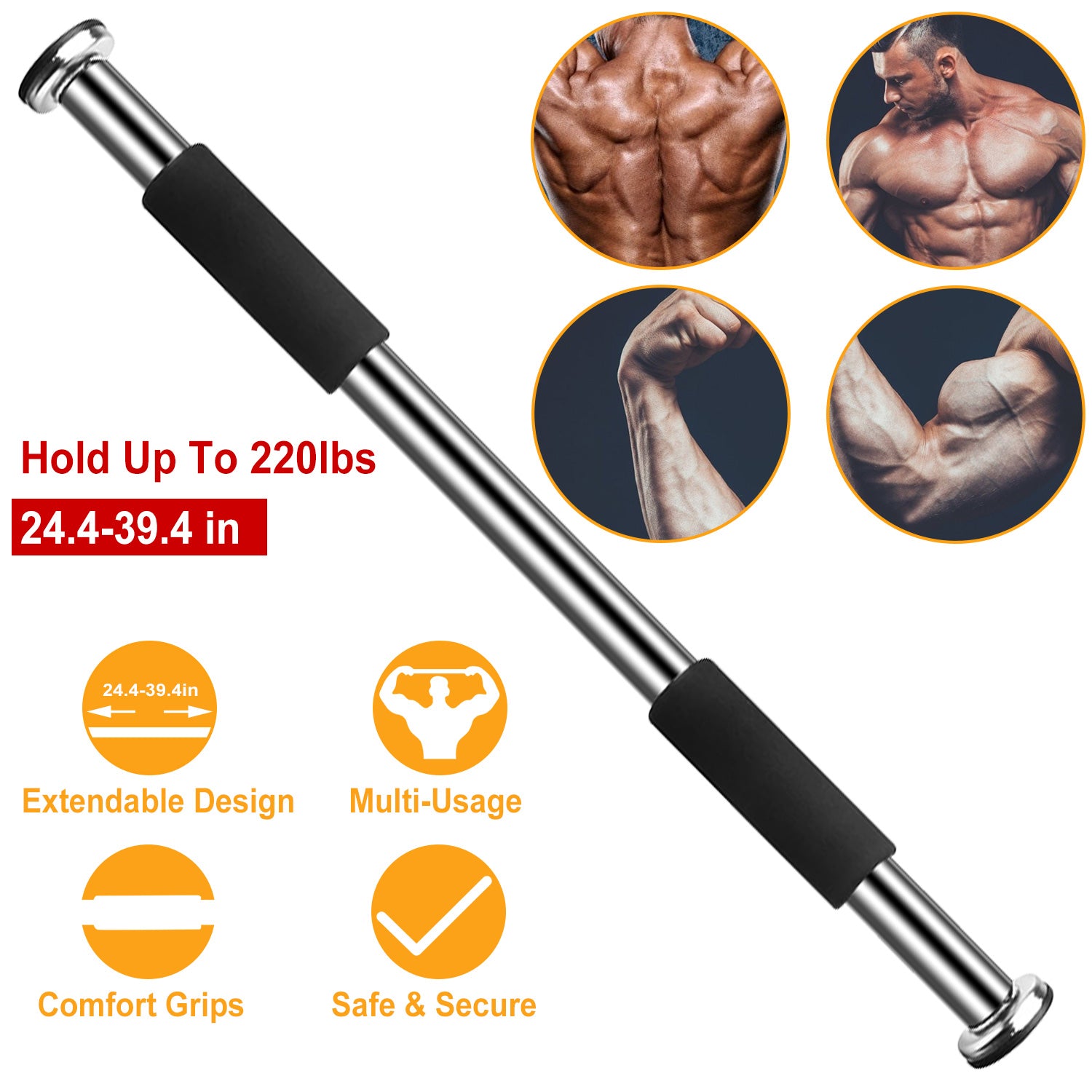 Doorway Pull Up Bar Exercise Gym Chin up Bar With Screws 24.4 To 39.4 Inches Adjustable Comfort Foam Grips For Door Home Exercise Workout Training Fit 