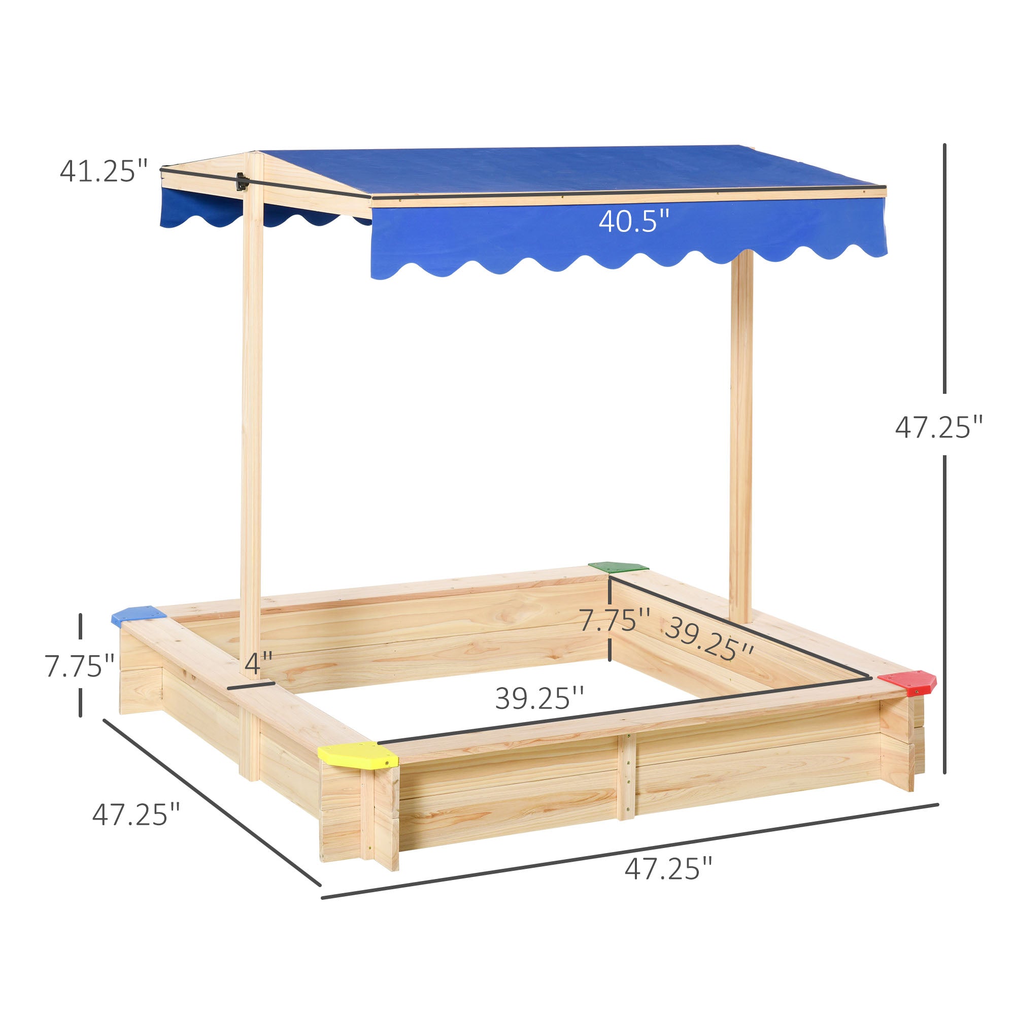 Outsunny Kids Wooden Sandbox, Play Station for Children Outdoor, with Adjustable Canopy Shade, Seats, for Backyard, Beach 