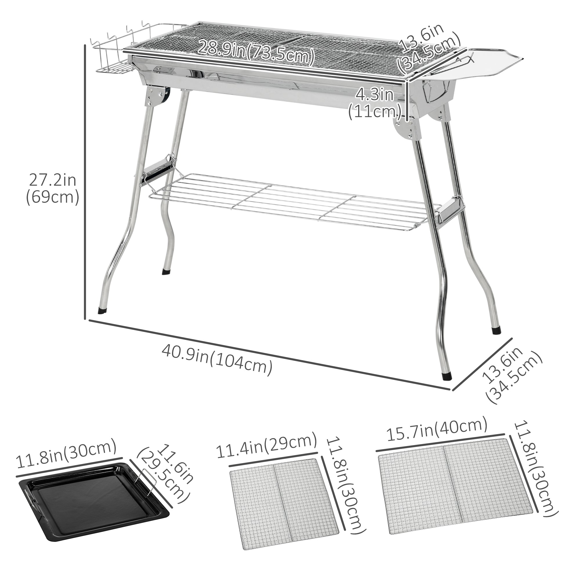 Outsunny Stainless Steel Portable Charcoal Grill Folding BBQ with Shelf Basket Pan for Camping Travel 
