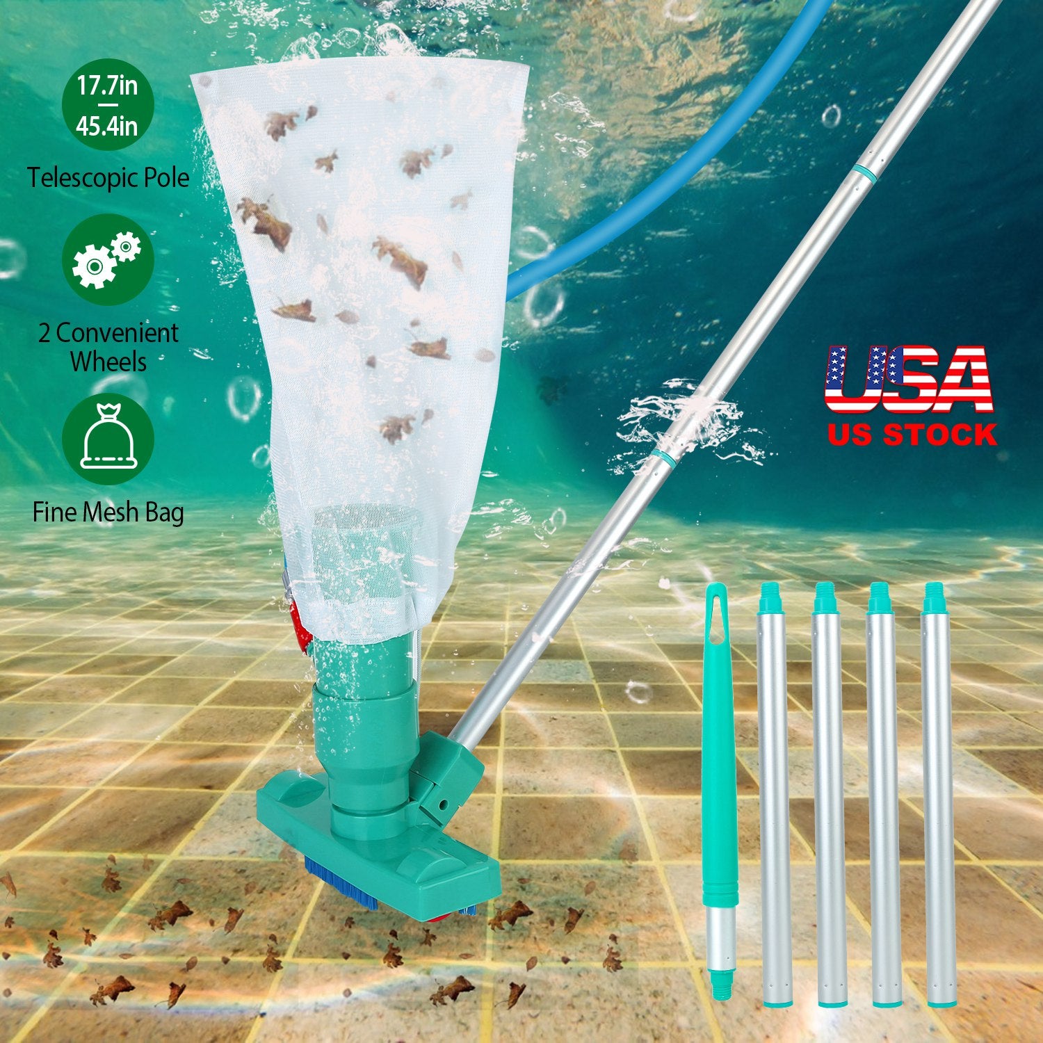 US Swimming Pool Vacuum Head Brush Cleaner Telescopic Pole Fountain Cleaning Tool w/ Bag For Above Ground Pool Spas Ponds