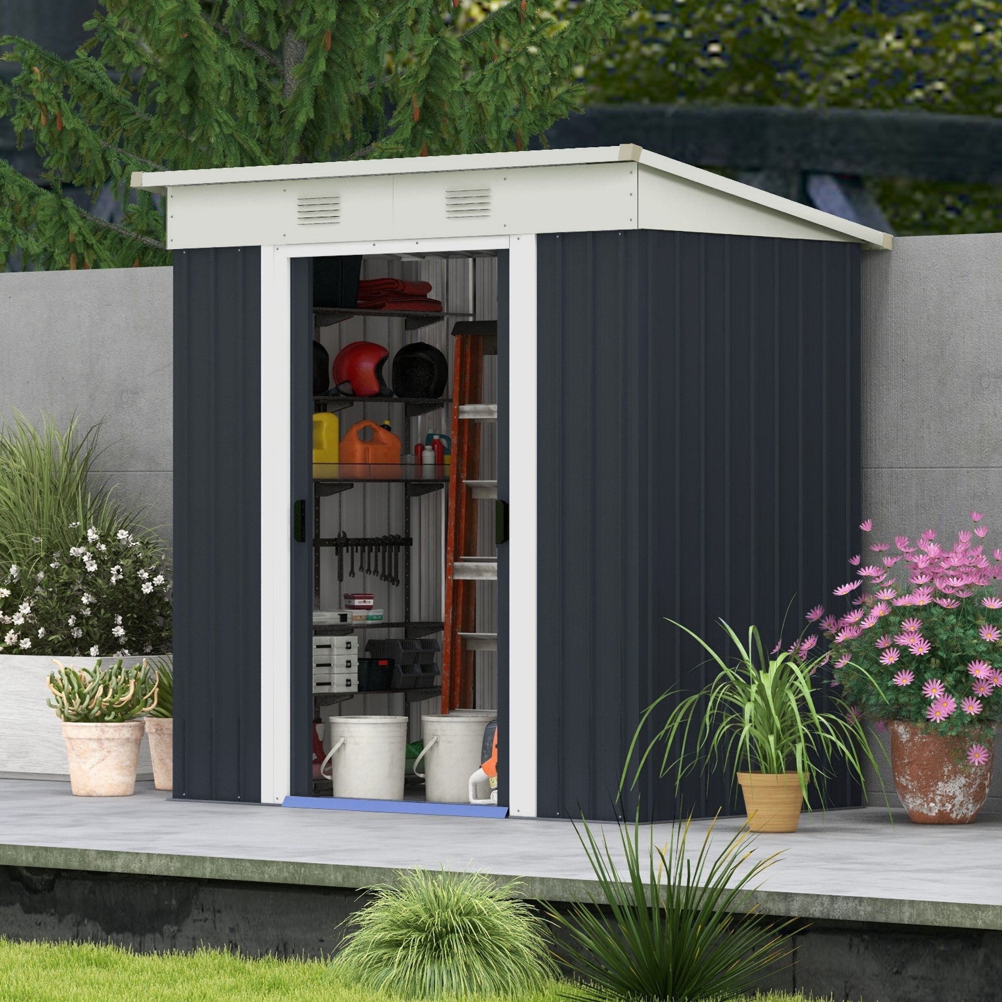 Outsunny 6'x4' Outdoor Metal Storage Shed Garden Tool Organizer Lockable Sliding Doors Vents Charcoal Grey 