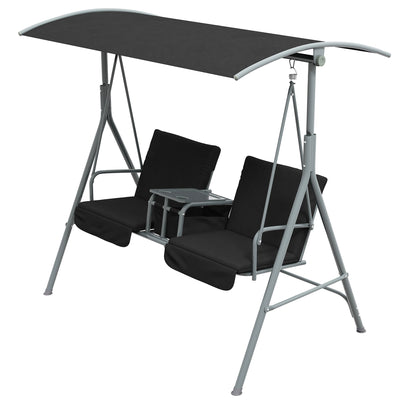 Outsunny 2-Seater Outdoor Porch Swing with Adjustable Canopy and Table, Patio Swing Chair for Garden, Poolside, Backyard, Black 
