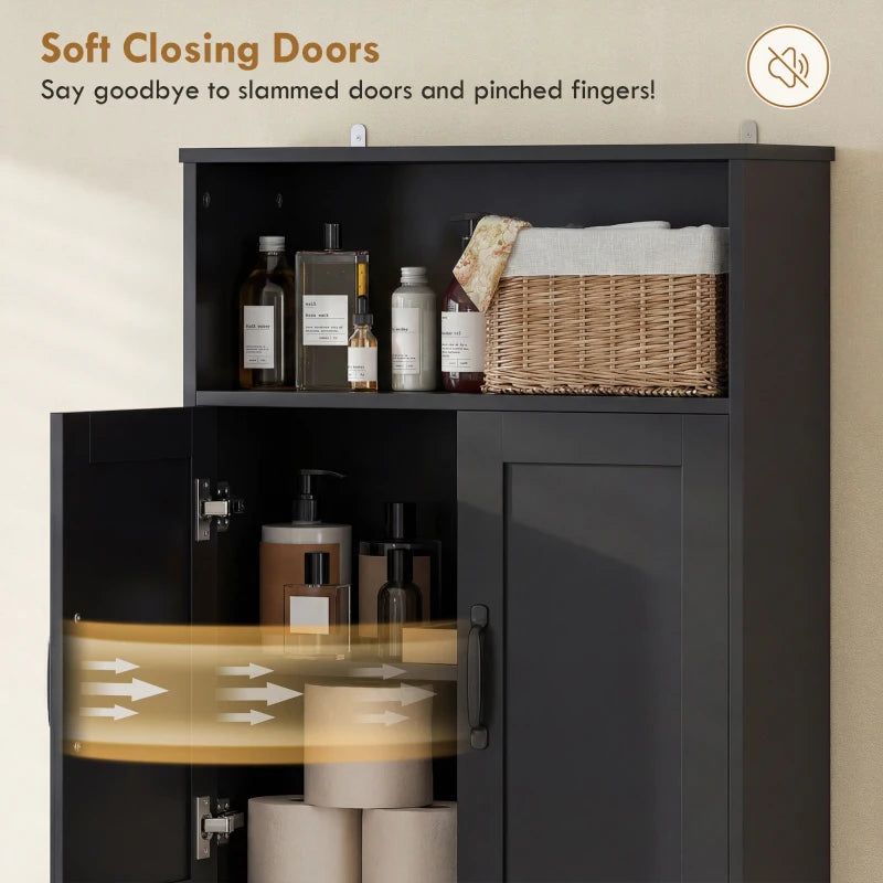 Over the Toilet Storage Cabinet Freestanding Bathroom Organizer with 2 Doors and Open Shelf Black