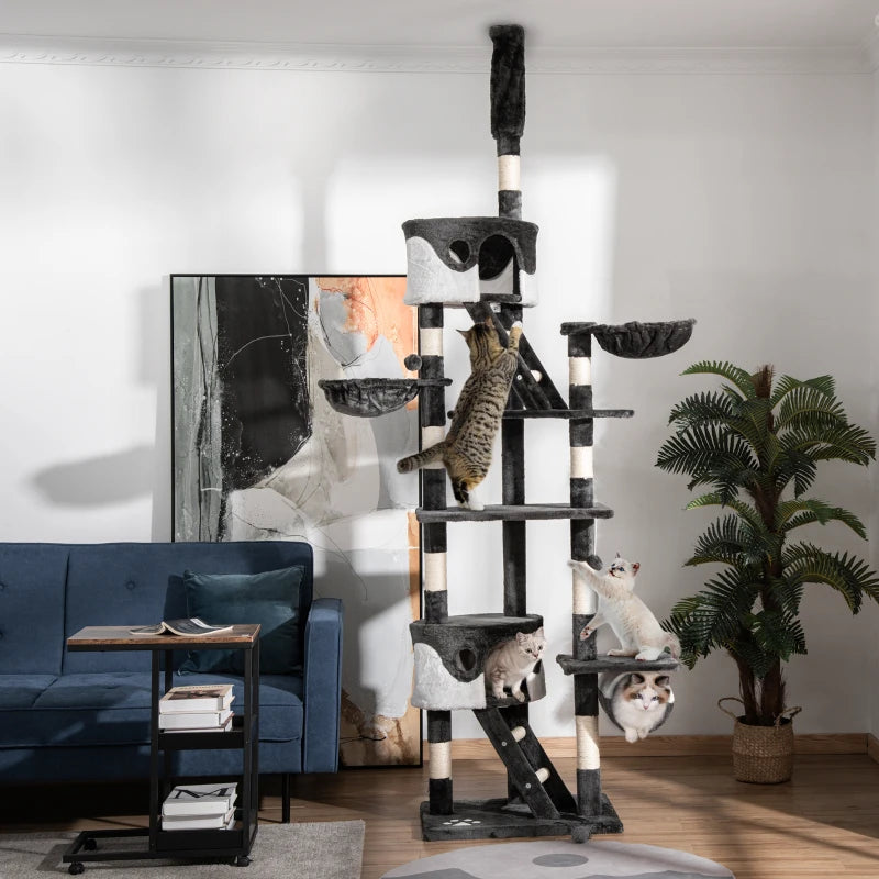 94"-102" Floor to Ceiling Cat Tree, High Cat Condo Scratching Post Activity Center, Multi-Level Play House