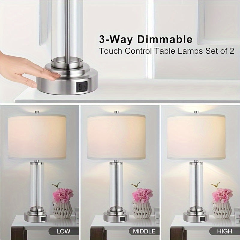 Set of 2 Modern Touch Control Table Lamps – 3-Way Dimmable with USB-C & USB-A Ports, Cream Fabric Shade – Perfect for Bedrooms, Living Rooms & Reading (Bulbs Included) 