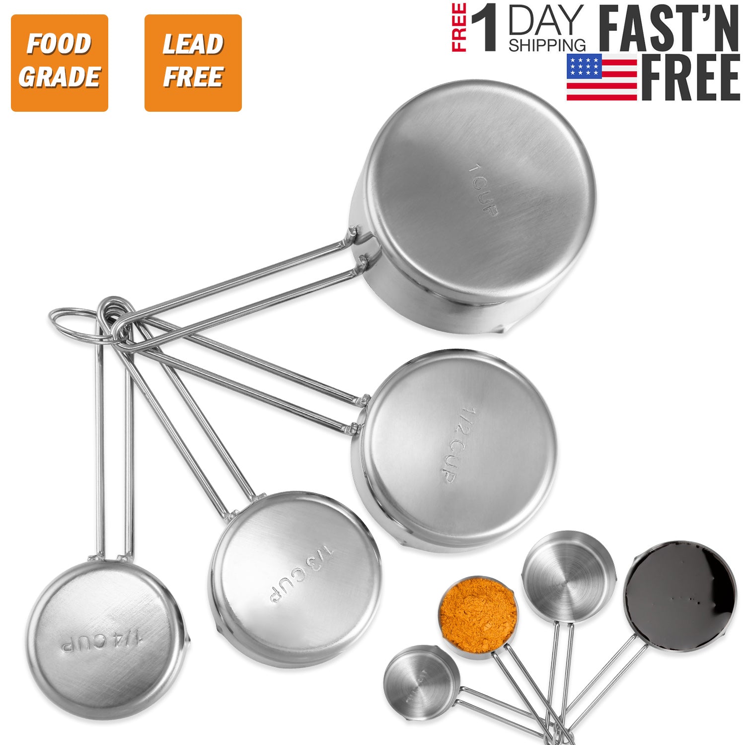 4Pcs Stainless Steel Measuring Cups Spoons Stackable Kitchen Measuring Set for Cooking, Baking, Liquid Dry Ingredients 