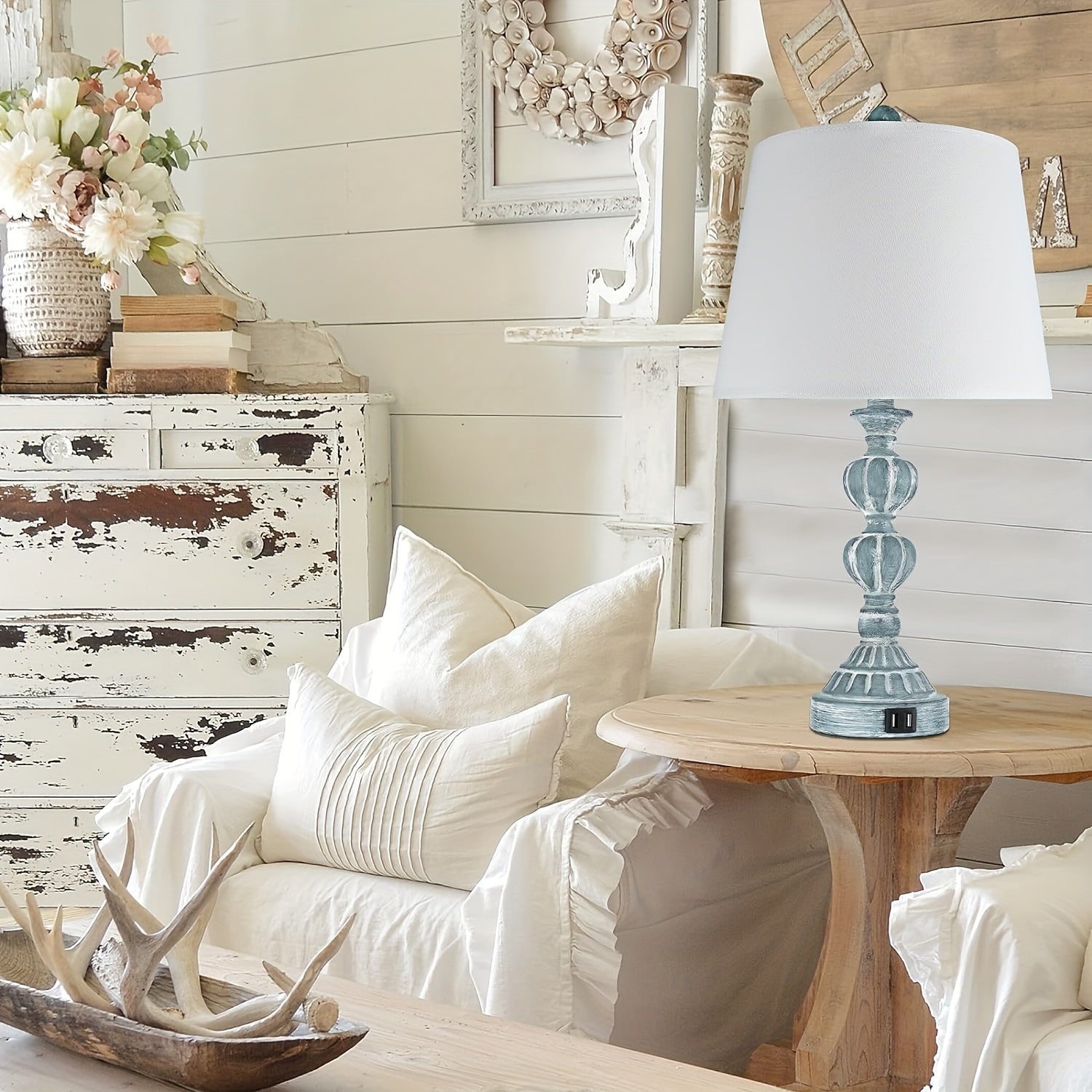 Coastal Farmhouse Table Lamp Set – 3-Way Dimmable Touch Control with Dual USB Ports, Blue Washed White Finish – Perfect for Nightstands or Living Rooms (Set of 2) 