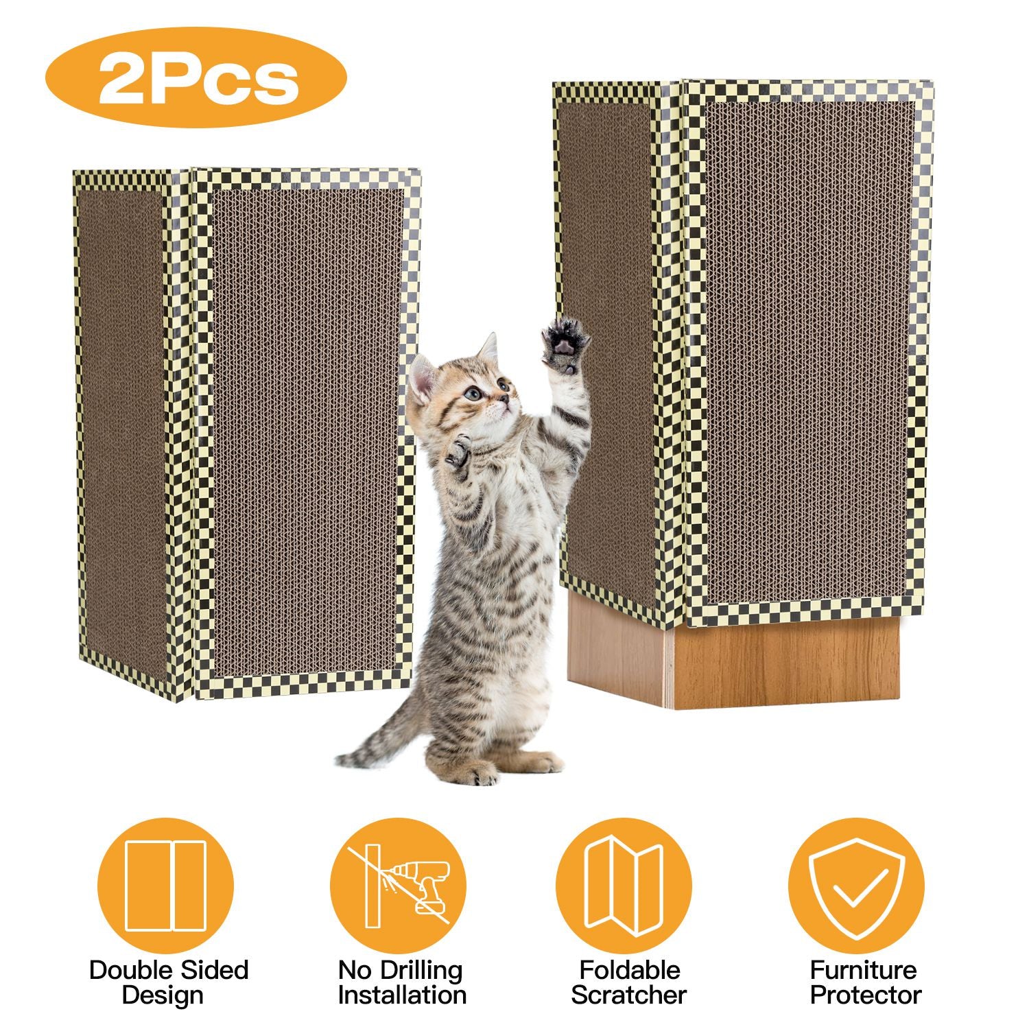 2Pcs Foldable Cat Scratcher Sofa Wall Couch Corner Vertical Double-Sided Cat Scratching Board No Drilling Cardboard Kitten Furniture Protector