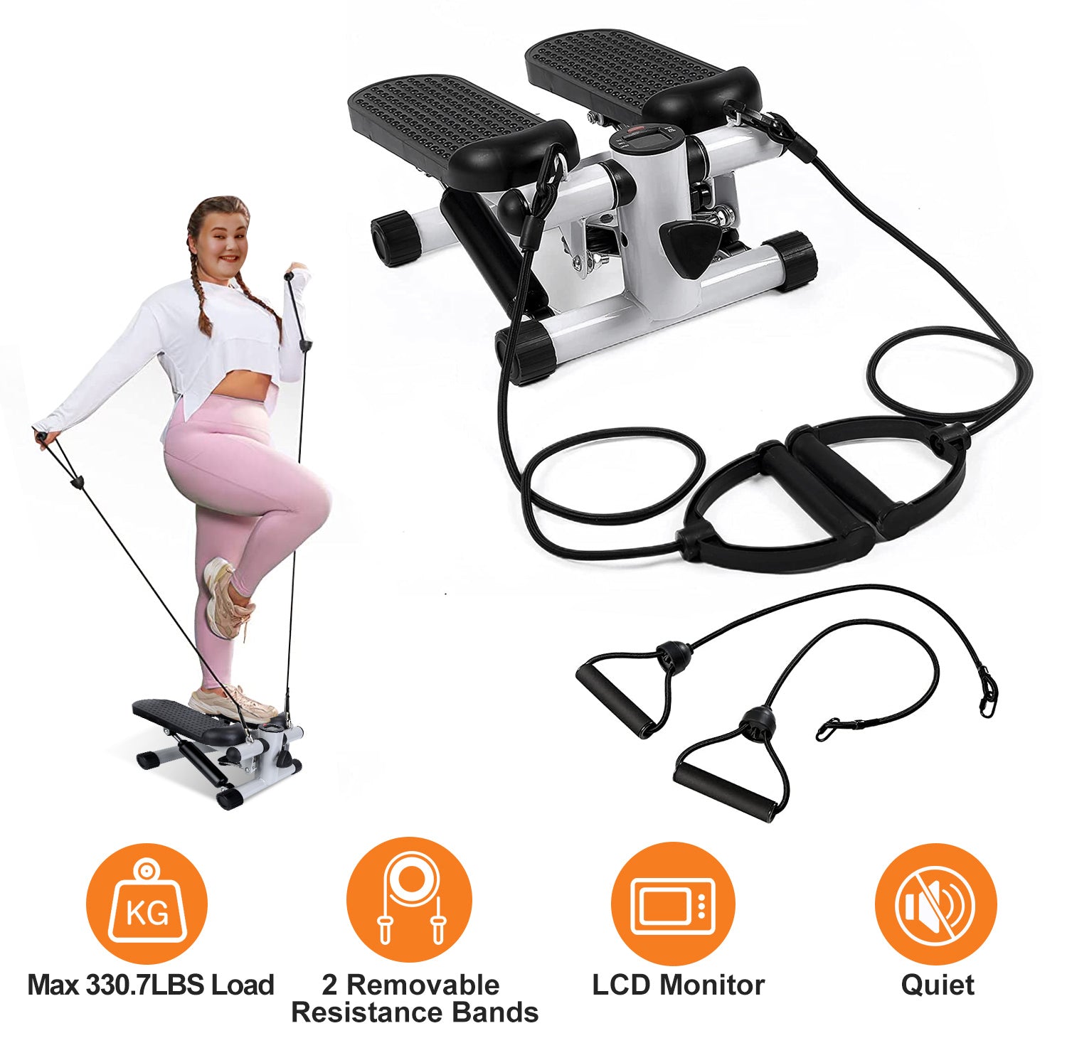 Stepper for Exercise Mini Fitness Stepper with 2 Resistance Bands LCD Monitor Max 330.7LBS Load Stair Stepper Quiet Stepper 