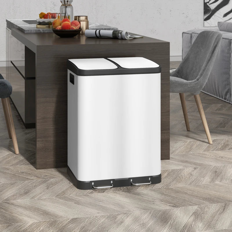 Kitchen Garbage Bin, 2 x 7.9 Gal (2 x 30 L) Trash Can, Soft-Close Garbage Can with Removable Inner Buckets, White