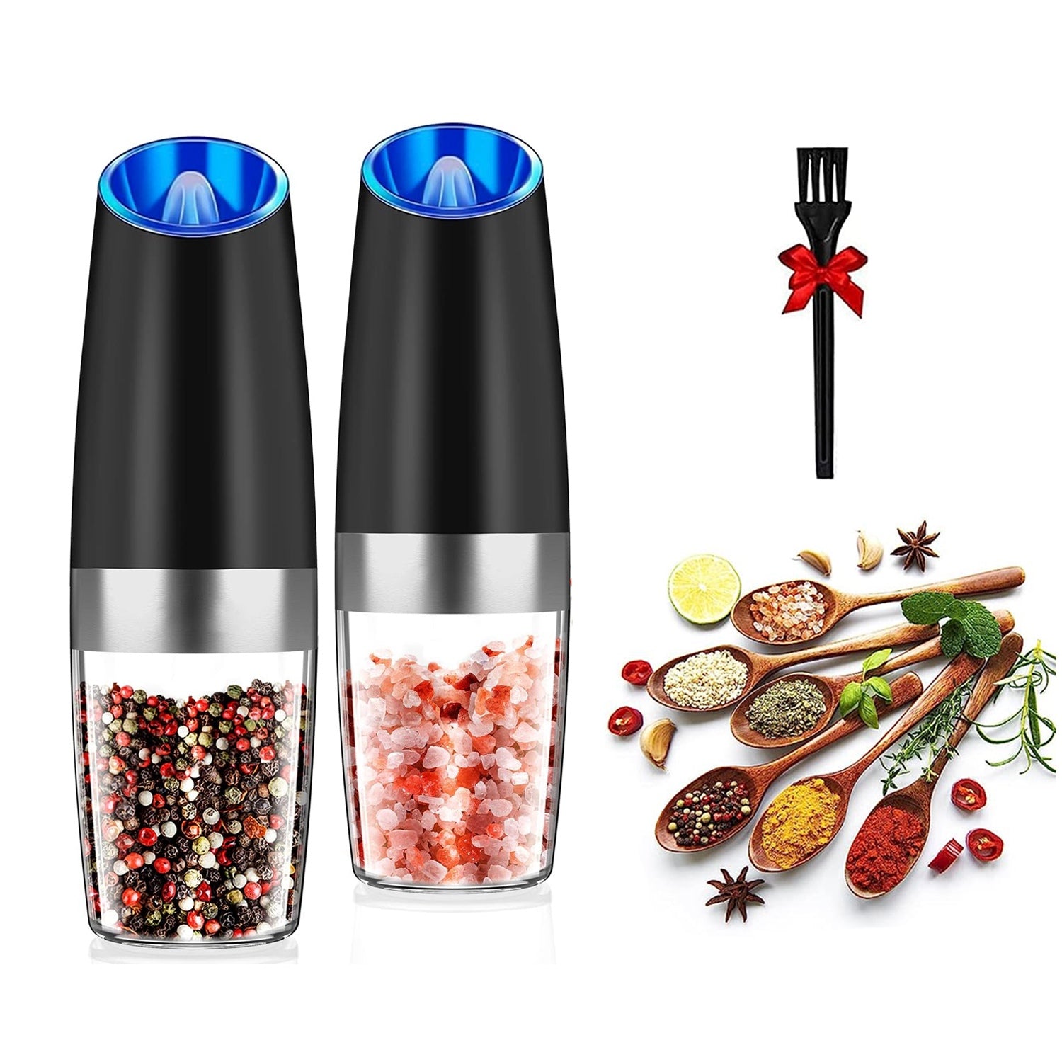 2Pcs Gravity Sensing Salt and Pepper Grinder Automatic Electric Salt Mill Grinder With Built-in LED Lights Adjustable Coarseness One Hand Operation Ba 