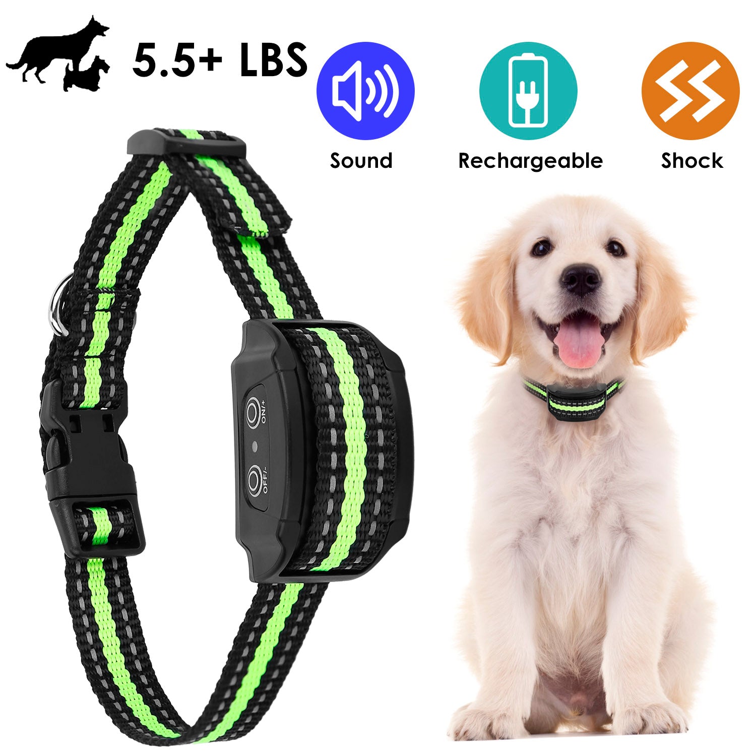 Anti-Bark Dog Collar IP67 Waterproof Beep Electric Shock Rechargeable Pet Training Device w/ 7 Adjustable Sensitivity 