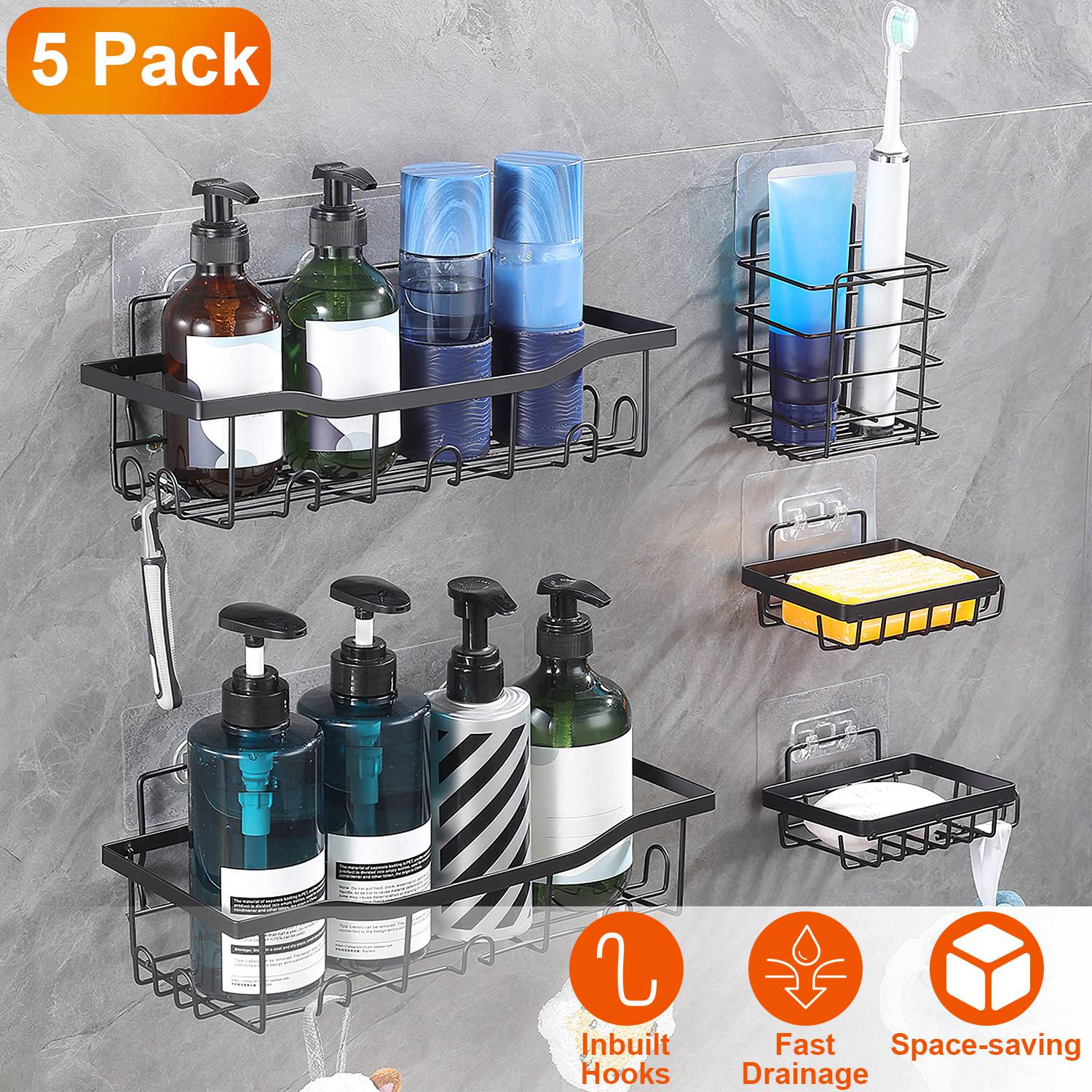 5 Pack Shower Caddy Shelves with 18 Inbuilt Hooks Rustproof Wall-Mounted Storage Shelves for Bathroom Dorm Kitchen Adhesive Bathroom Organizer for Sha