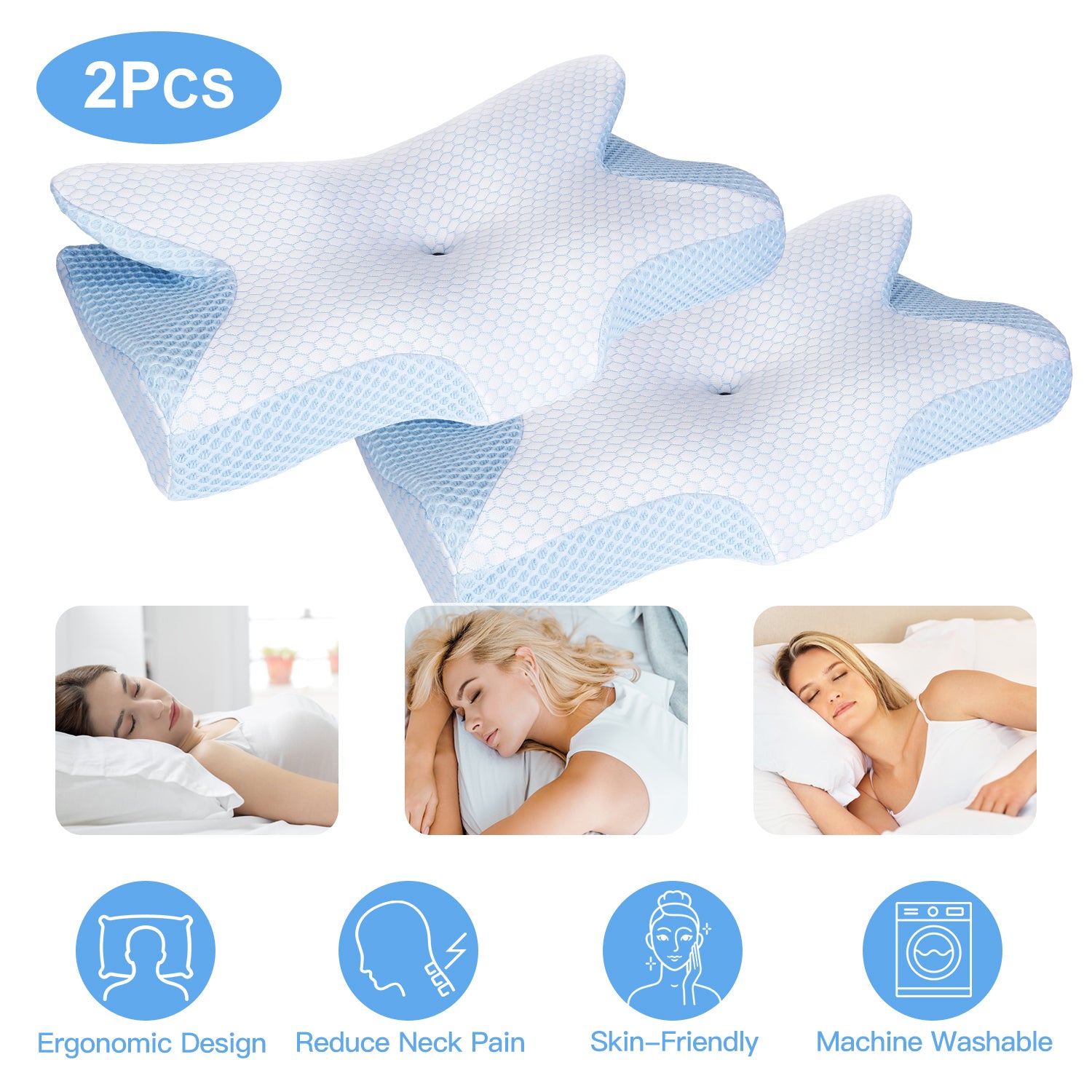 2Pcs Memory Foam Pillow Neck Support Pillow for Pain Relief Sleeping Ergonomic Contour Orthopedic Support Side Back Stomach Sleeper