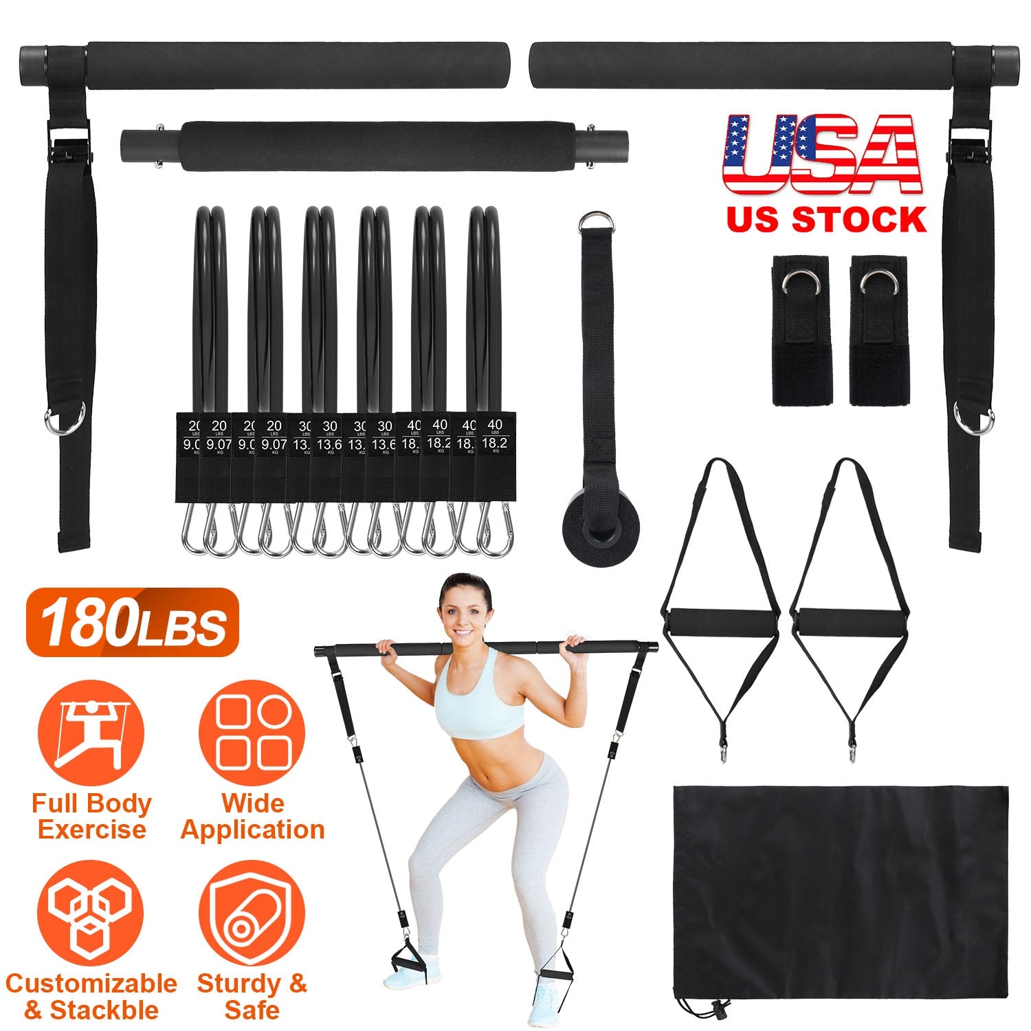 Pilates Bar Kit with 180LBS Resistance Bands Multifunctional Pilates Yoga Toning Bar Full Body Exercise Equipment Set for Beginners Intermediates Prof 