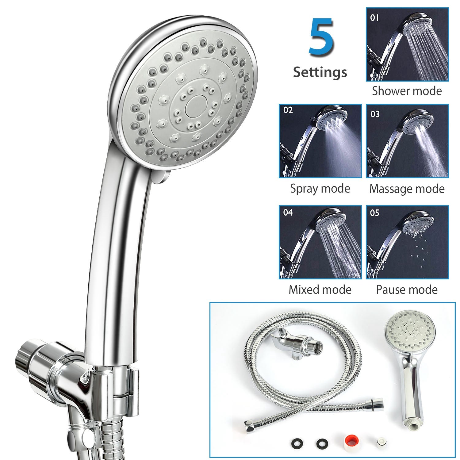 iMounTEK Handheld Shower Head Stainless High Pressure 5 Spray Settings Massage Spa Showerhead Chrome Face with Check Valve 5ft Steel Hose Adjustable A