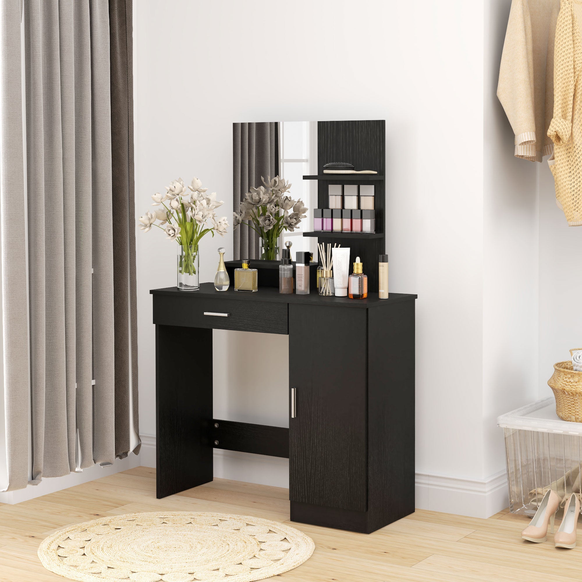 HOMCOM Dressing Table, Vanity Table with Mirror, Drawer and Storage Shelves for Bedroom, 35.4" x 15" x 54.3", Black 