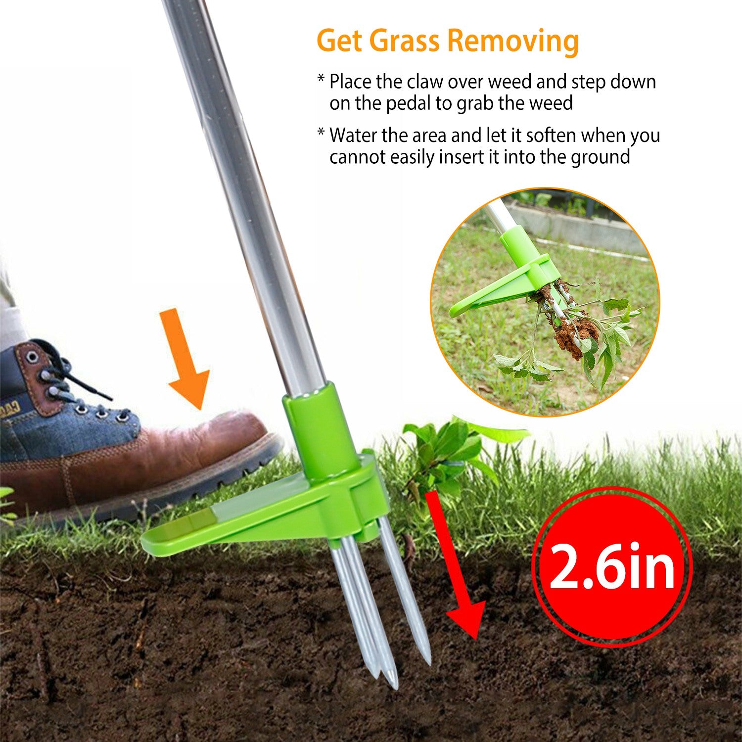 Weed Puller Twister Stand Up Root Removal Hand Tool 3 Claws Aluminum Grass Manual Remover 38.98in Long Handle w/ Foot Pedal