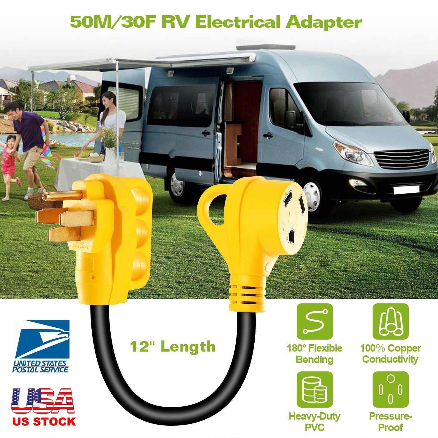 iMounTEK RV Electrical Dogbone Converter 50 AMP Male To 30 AMP Female Adapter Cable 12inch w/ Handle