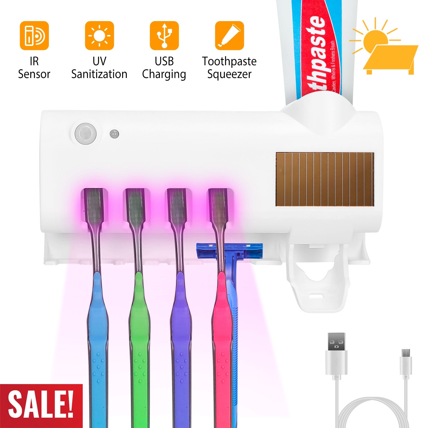 Wall Mounted Toothbrush Sanitizer Holder IR Induction UV Sanitization Rack with 4 Slots Toothpaste Dispenser for Bathroom