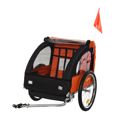 Aosom 2-Seat Child Bike Trailer Kids Strong Steel Frame 5-Point Safety Harnesses Comfortable Seat Red 