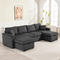 U-Shaped Pull-Out Sofa Bed with Dual Storage Chaise, Corduroy Sleeper Couch with Pillows, Dark Grey