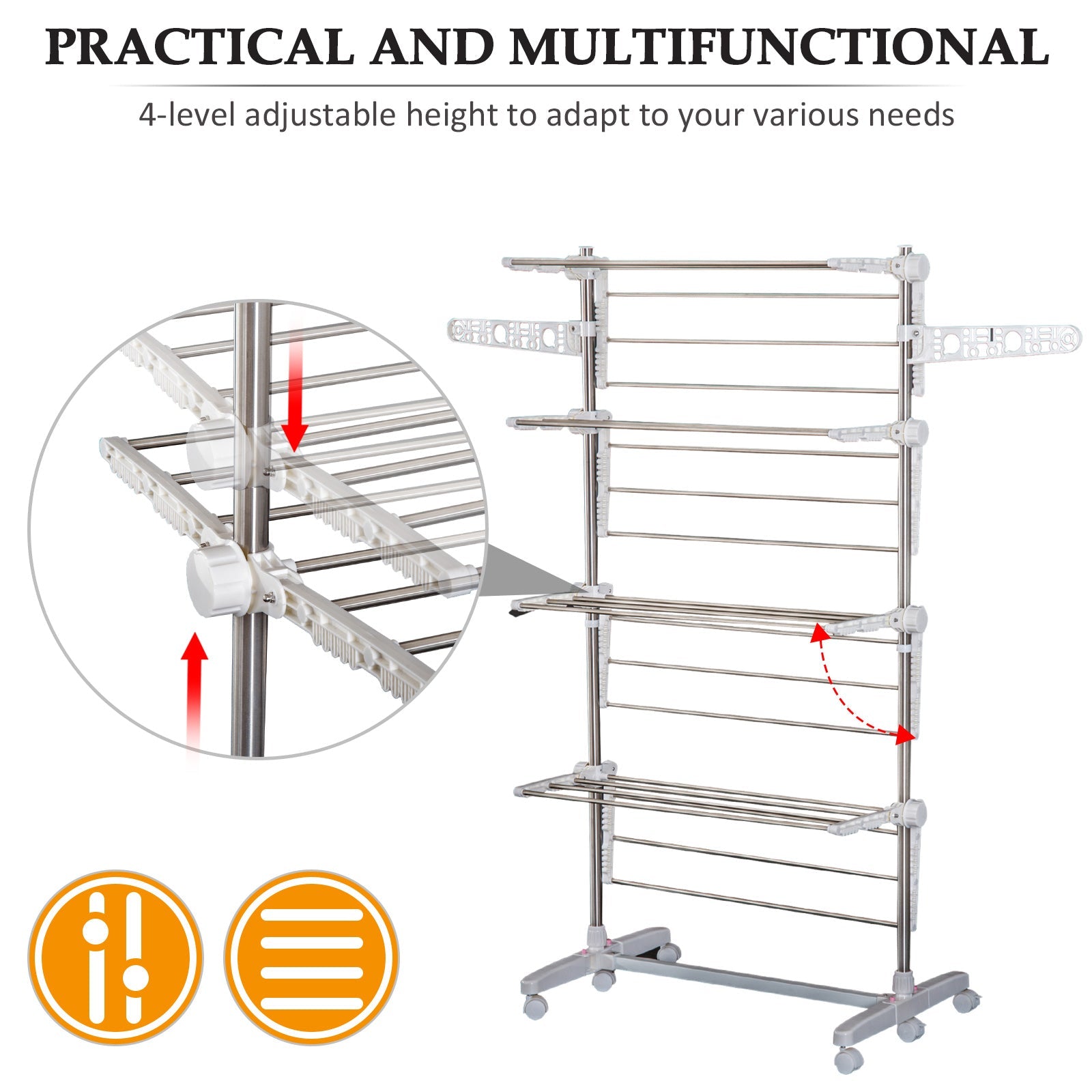 HOMCOM laundry drying rack Rolling Foldable Clothes Drying Rack Heavy-Duty Towel Holder w/ 4 Layers Stainless Steel Hanging Rods 