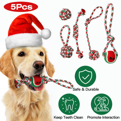 5Pcs Christmas Dog Rope Chew Toys Dog Interactive Toys Set for Puppy Small Medium Aggressive Chewers Dogs Training Teething Playing 