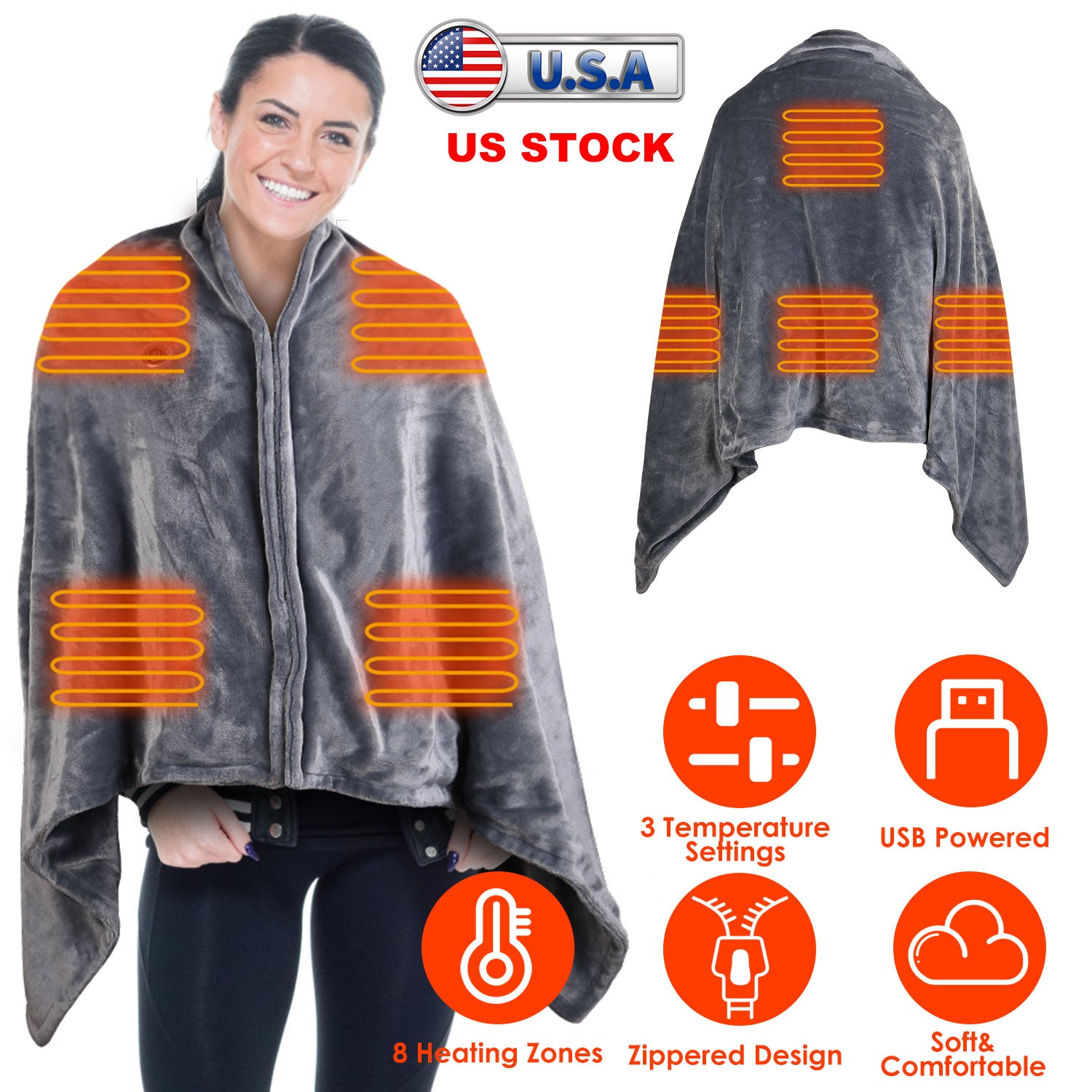 USB Heated Blanket Electric Heated Blanket Heated Poncho Shawl Wrap Throw with Zipper Washable for Home Office 59*31in