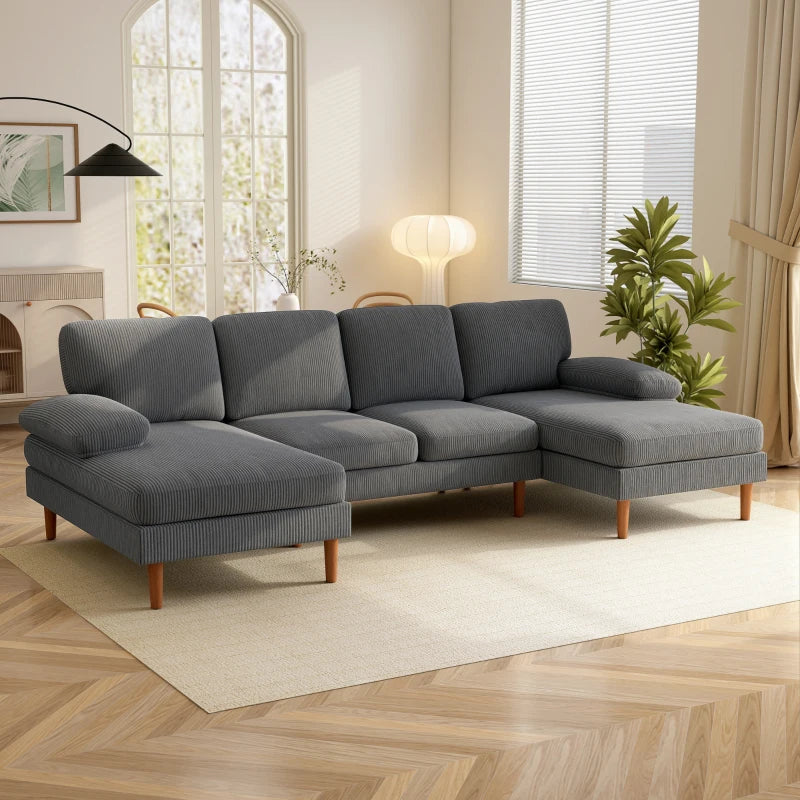 U Shape Couch with Double Chaise Lounge, Modern 4 Seater Sofa with Wooden Legs, Fabric Sofa for Living Room, Dark Grey