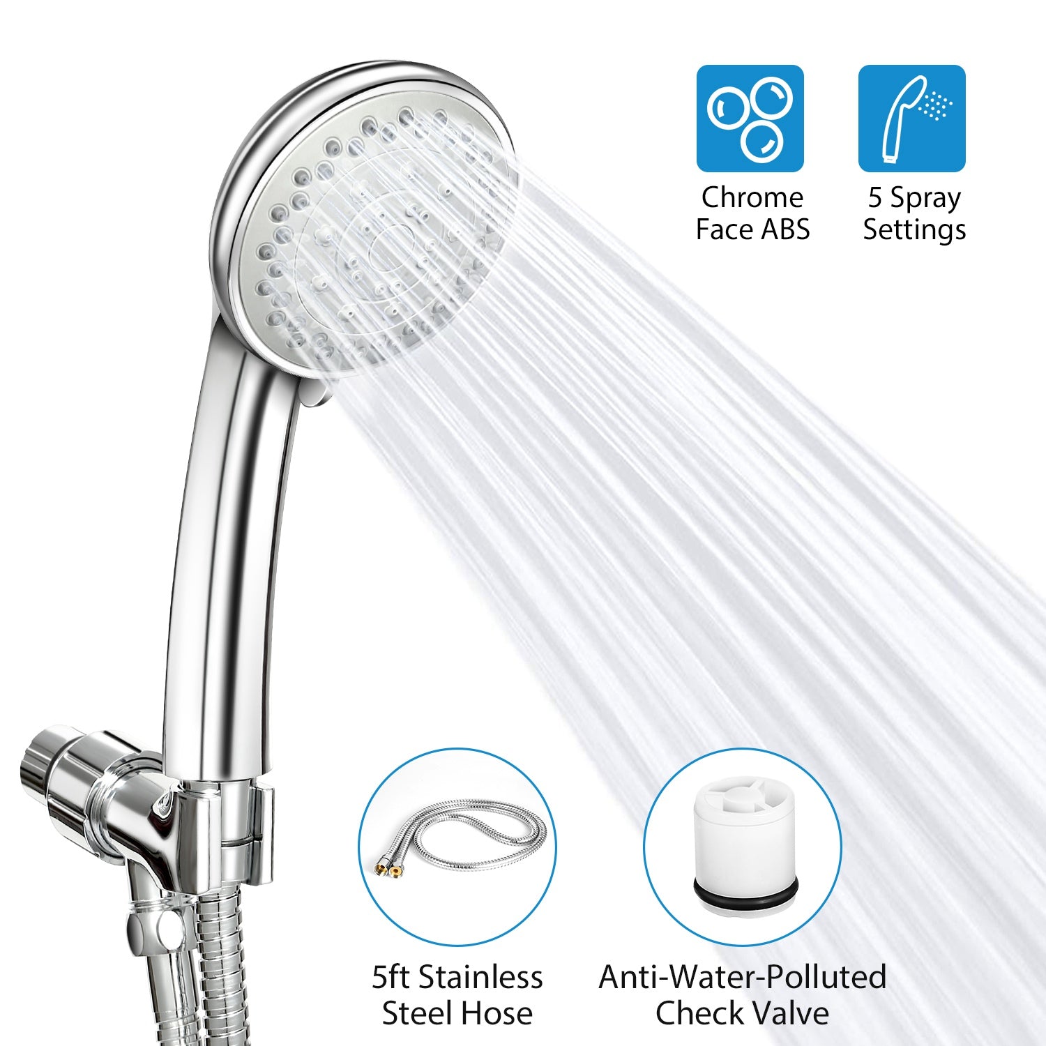 iMounTEK Handheld Shower Head Stainless High Pressure 5 Spray Settings Massage Spa Showerhead Chrome Face with Check Valve 5ft Steel Hose Adjustable A