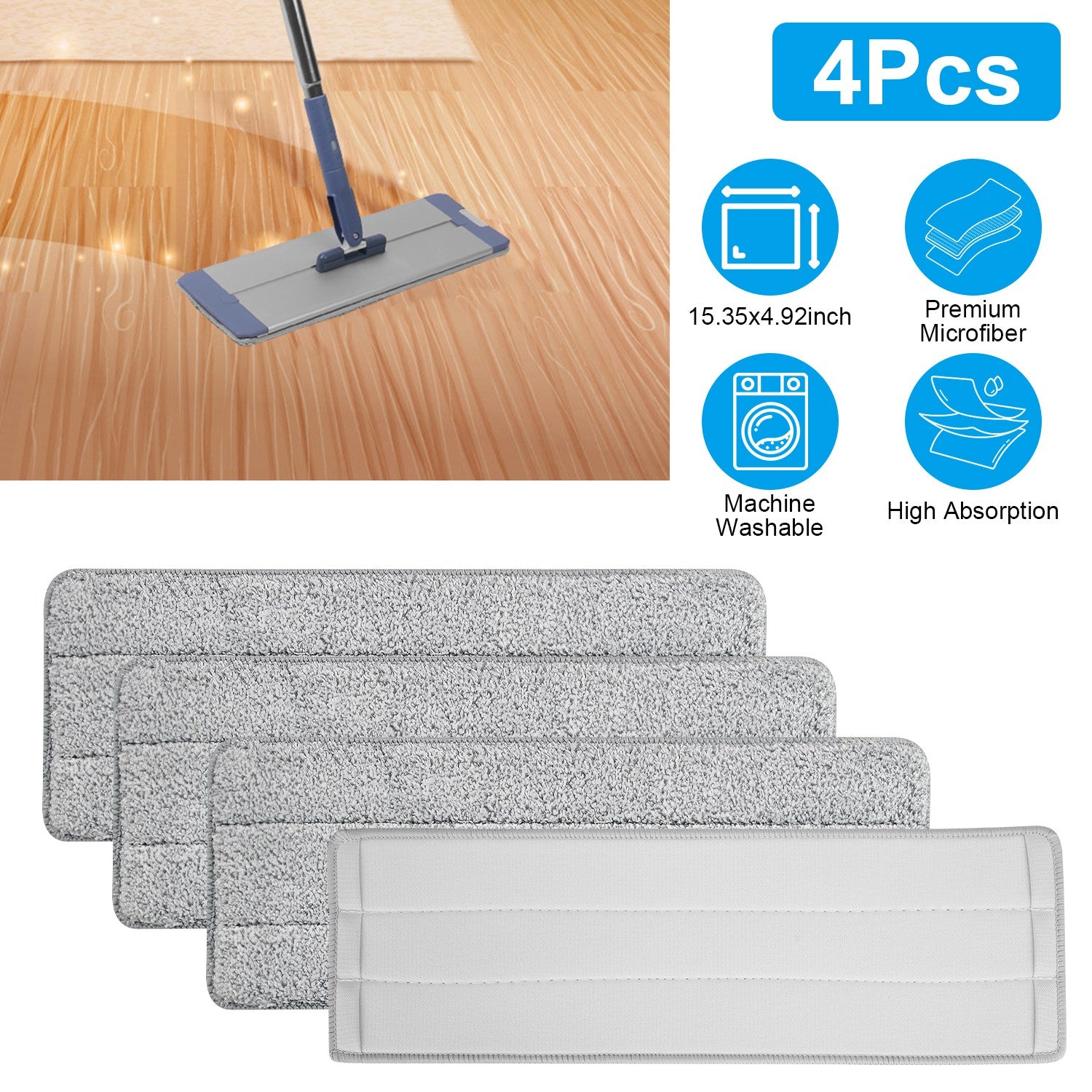 4Pcs Microfiber Mop Pads Reusable Machine Washable Cloth Mop Flat Replacements Head 15.35x4.92in for Wet Dry Floor Cleaning