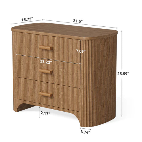 Nightstand 31.5" Oversized Bedside Table with 3 Drawers Mid-Century Modern Fluted Design Wide Storage Cabinet Brown Finish for Bedroom