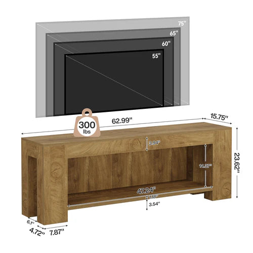 TV Stand 63" Entertainment Center with Open Shelves for Up to 75" TVs with Farmhouse Design and Storage Shelves Rustic Brown