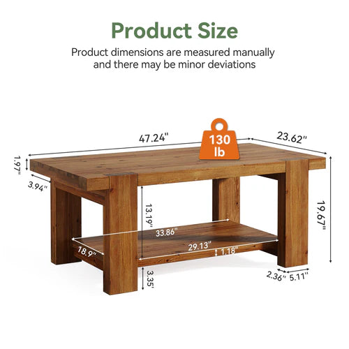 Wood Coffee Table 47.2" Solid Wood Rectangle Center Table with 2-Tier Storage Shelf and Thick Tabletop Rustic Brown