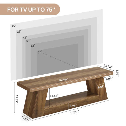 63" Farmhouse TV Stand for Up to 75" TVs, Media Console Table with 2-Tier Storage Shelves Rustic Brown