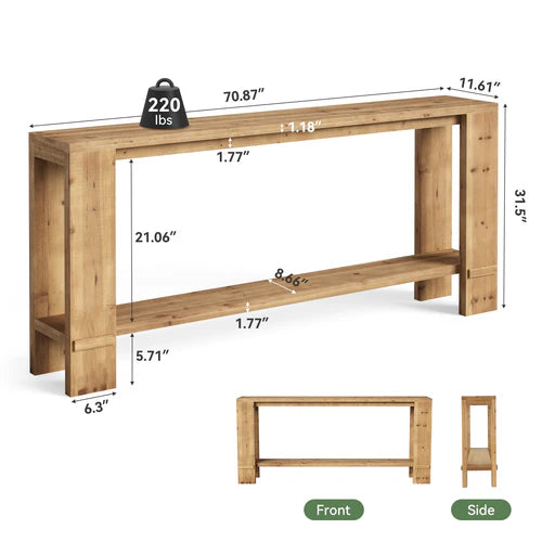 70.9" Solid Wood Console Table, 2-Tier Farmhouse Entryway Sofa Table for Hallway Natural Fir Wood