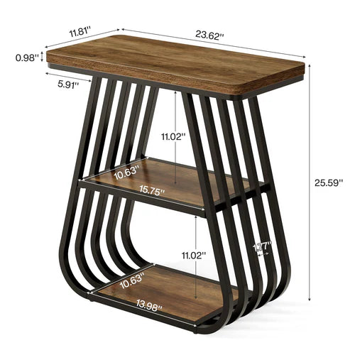 End Table 23.62" 3-Tier Narrow Side Table with Storage Shelves Industrial Metal Frame Oak Finish for Small Spaces Living Room Bedroom