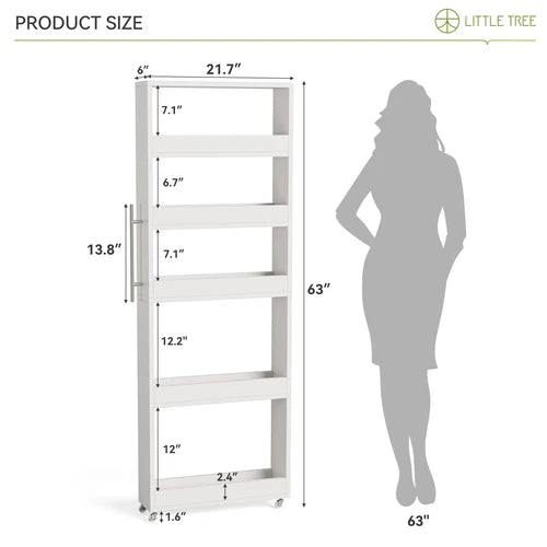 Storage Cart 63" Slim 5-Tier Tall Narrow Mobile Shelf Organizer White