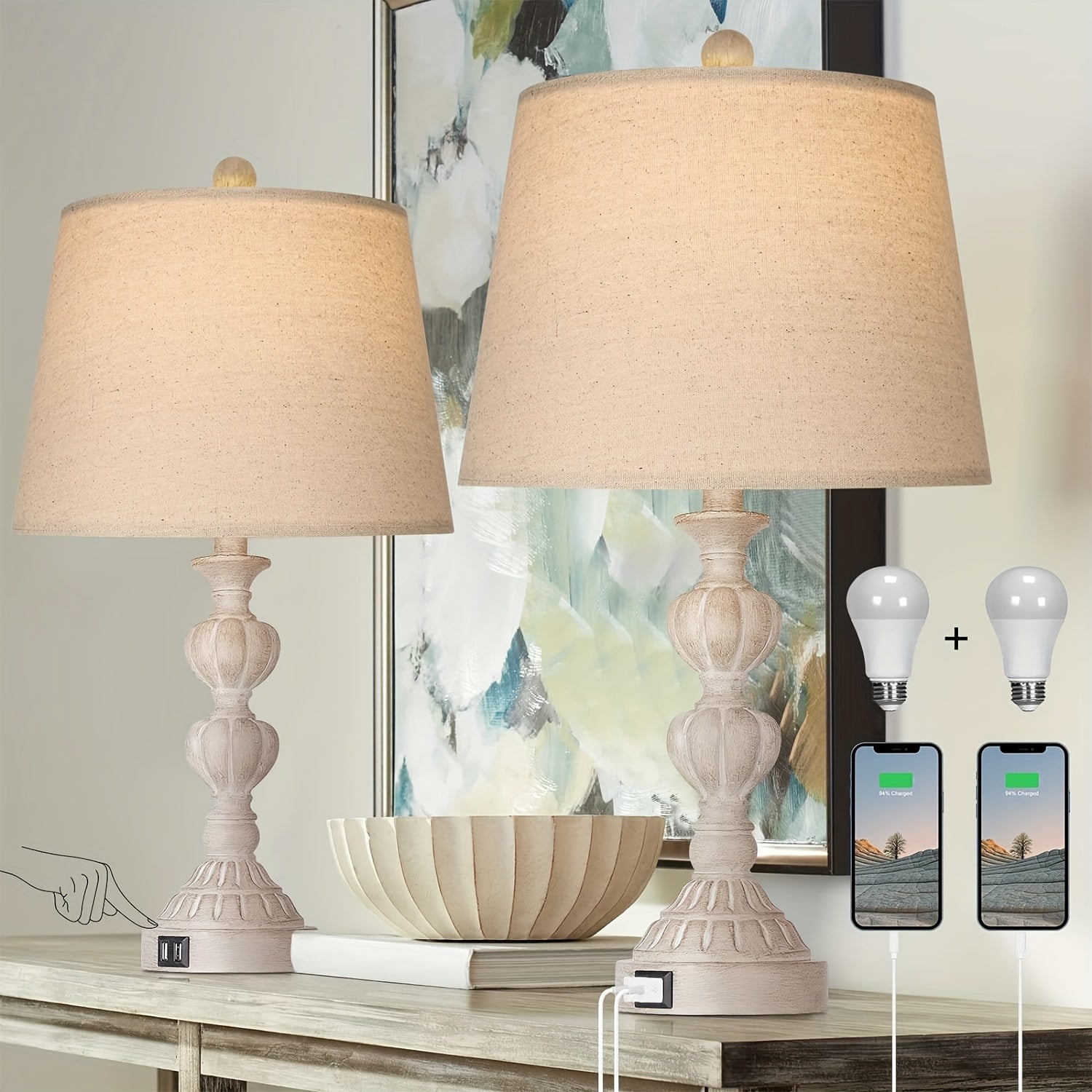 Coastal Farmhouse Table Lamp Set – 3-Way Dimmable Touch Control with Dual USB Ports, Blue Washed White Finish – Perfect for Nightstands or Living Rooms (Set of 2) 