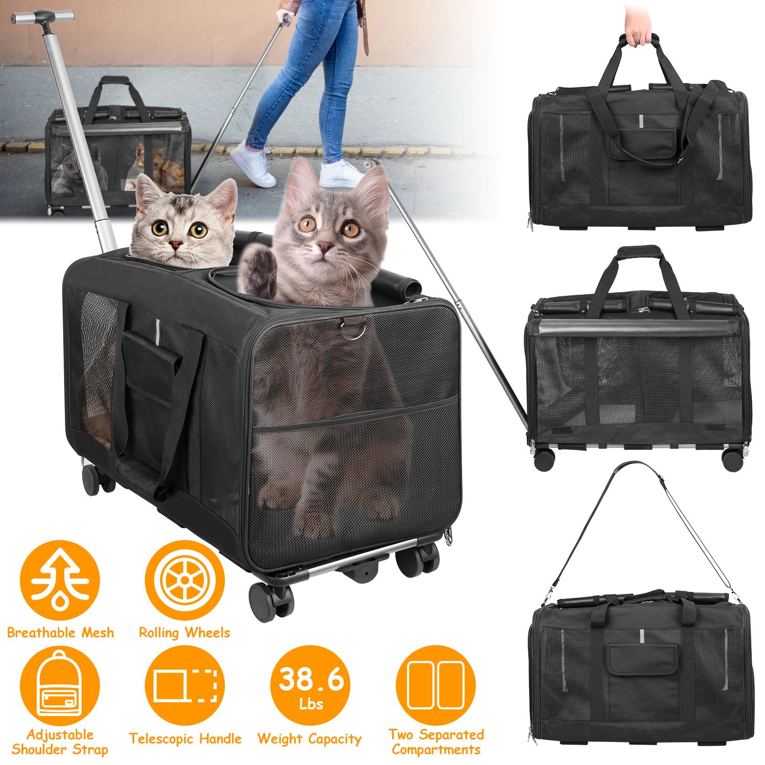 Double-Compartment Pet Rolling Carrier Cat Dog Rolling Carrier with Detachable Wheels Telescopic Handle Adjustable Shoulder Strap 