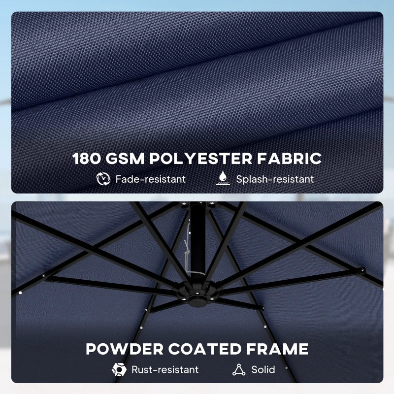 9.7ft Solar LED Cantilever Patio Umbrella with 32 LED Lights, Cross Base, Crank Handle, for Poolside, Deck, Dark Blue