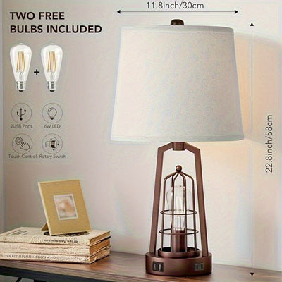 3-Way Dimmable Farmhouse Table Lamps Set of 2 – Touch Control with USB & AC Outlets, Oil Rubbed Bronze Bedside Lamps for Bedroom/Living Room – Bulbs Included 