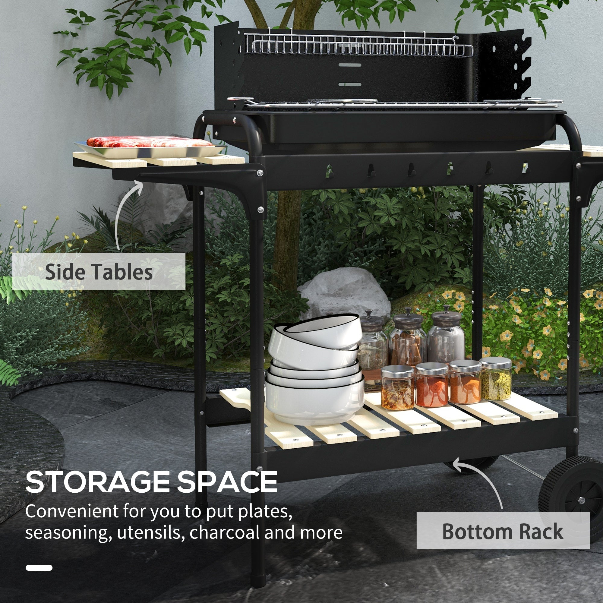 Outsunny Charcoal Barbecue Grill with Adjustable Grill Height, Portable BBQ Trolley with Ash Catcher and Wheels, Black 