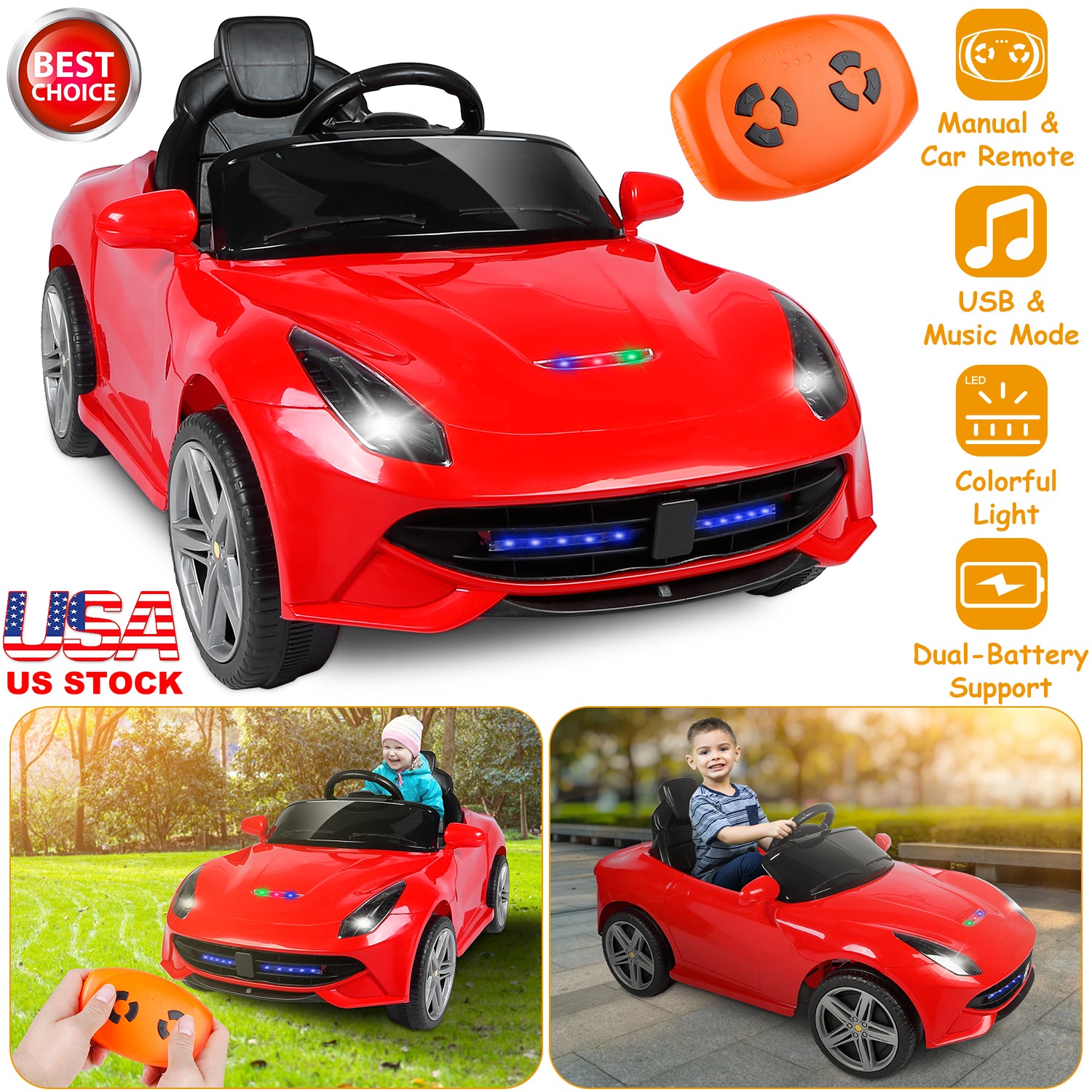 Kids Electric Ride On Car with Parental Remote Control Early Education Music Car Lights Connection Sound Button 3 Speeds